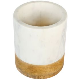 Laurie Gates California Designs 6.5 Inch White Marble and Mango Wood Utensil Crock