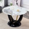 A modern minimalist circular Pandora style sintered stone table top with a diameter of 48 inches, paired with black MDF legs. Suitable for restaurants