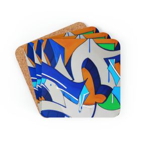 Decor - Coaster Set 4 Piece Home/office, Abstract Graffiti Orange Grey Blue Pattern