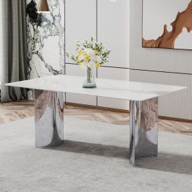 Modern minimalist dining table. The white imitation marble glass desktop is equipped with silver metal legs. Suitable for restaurants and living rooms