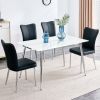 Table and chair set. 1 table with 4 black PU chairs. Modern minimalist rectangular white imitation marble dining table, 0.3 inches thick, with silver