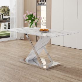 Modern white rectangular marble textured glass dining table and office desk. Equipped with stainless steel base. Beautiful and durable. 63"*37"*30"