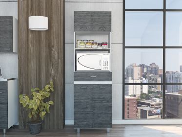 Caribe Microwave Cabinet, Four Legs, One Drawer, Double Door, One Shelf -White / Smokey Oak