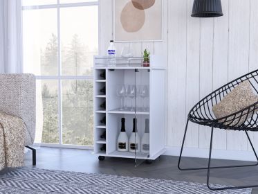 Bar Cart Baltimore, Six Wine Cubbies, Glass Door, Four Caster, Two Shelves, White Finish