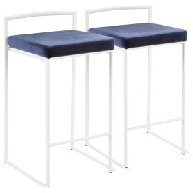 Fuji Contemporary Stackable Counter Stool in White with Blue Velvet Cushion by LumiSource - Set of 2