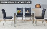 Table and chair set. 1 table and 4 black chairs. The thickness of the glass dining table top is 0.3 feet, with silver metal legs. Black PU leather bac