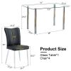 Table and chair set. 1 table and 4 black chairs. The thickness of the glass dining table top is 0.3 feet, with silver metal legs. Black PU leather bac