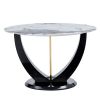 A modern minimalist circular Pandora style sintered stone table top with a diameter of 48 inches, paired with black MDF legs. Suitable for restaurants