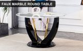 A modern minimalist circular Pandora style sintered stone table top with a diameter of 48 inches, paired with black MDF legs. Suitable for restaurants