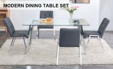 Table and chair set, 1 table with 4 grey chairs. Rectangular glass dining table with tempered glass tabletop and silver metal legs. Paired with armles