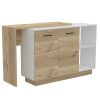 Sicilia Kitchen Island, Two External Shelves, Double Door Cabinets, Three Shelves -White / Light Oak