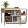 Sicilia Kitchen Island, Two External Shelves, Double Door Cabinets, Three Shelves -White / Light Oak