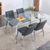 Table and chair set, 1 table with 4 grey chairs. Rectangular glass dining table with tempered glass tabletop and silver metal legs. Paired with armles