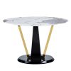 A modern minimalist circular Pandora style sintered stone table top with a diameter of 48 inches, paired with black MDF legs. Suitable for restaurants
