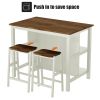 3 PCS Dining Table Set Rustic Retro Breakfast Table Dining Stools Rubber Wood for 2 with Two Open Shelves for Small Space Kitchen Dining Room Cream Wh