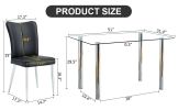 Table and chair set. 1 table and 4 black chairs. The thickness of the glass dining table top is 0.3 feet, with silver metal legs. Black PU leather bac