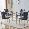 Table and chair set. 1 table and 4 black chairs. The thickness of the glass dining table top is 0.3 feet, with silver metal legs. Black PU leather bac