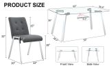 Table and chair set, 1 table with 4 grey chairs. Rectangular glass dining table with tempered glass tabletop and silver metal legs. Paired with armles