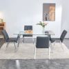 Table and chair set, 1 table with 4 grey chairs. Rectangular glass dining table with tempered glass tabletop and silver metal legs. Paired with armles