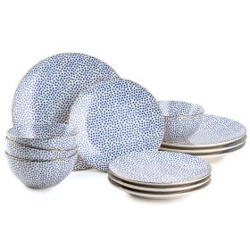 Dinnerware Black & White Dot Stoneware, 12 Piece Set (Color: Blue)